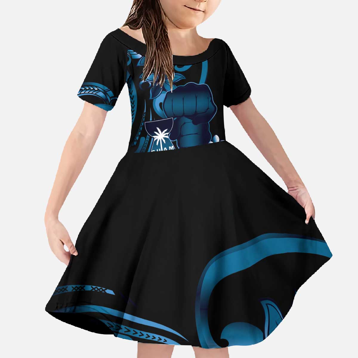 Blue Hafa Adai Guam Family Matching Off The Shoulder Long Sleeve Dress and Hawaiian Shirt Chamorro Latte Stone Hand With Plumeria LT14 Daughter's Dress Blue - Polynesian Pride