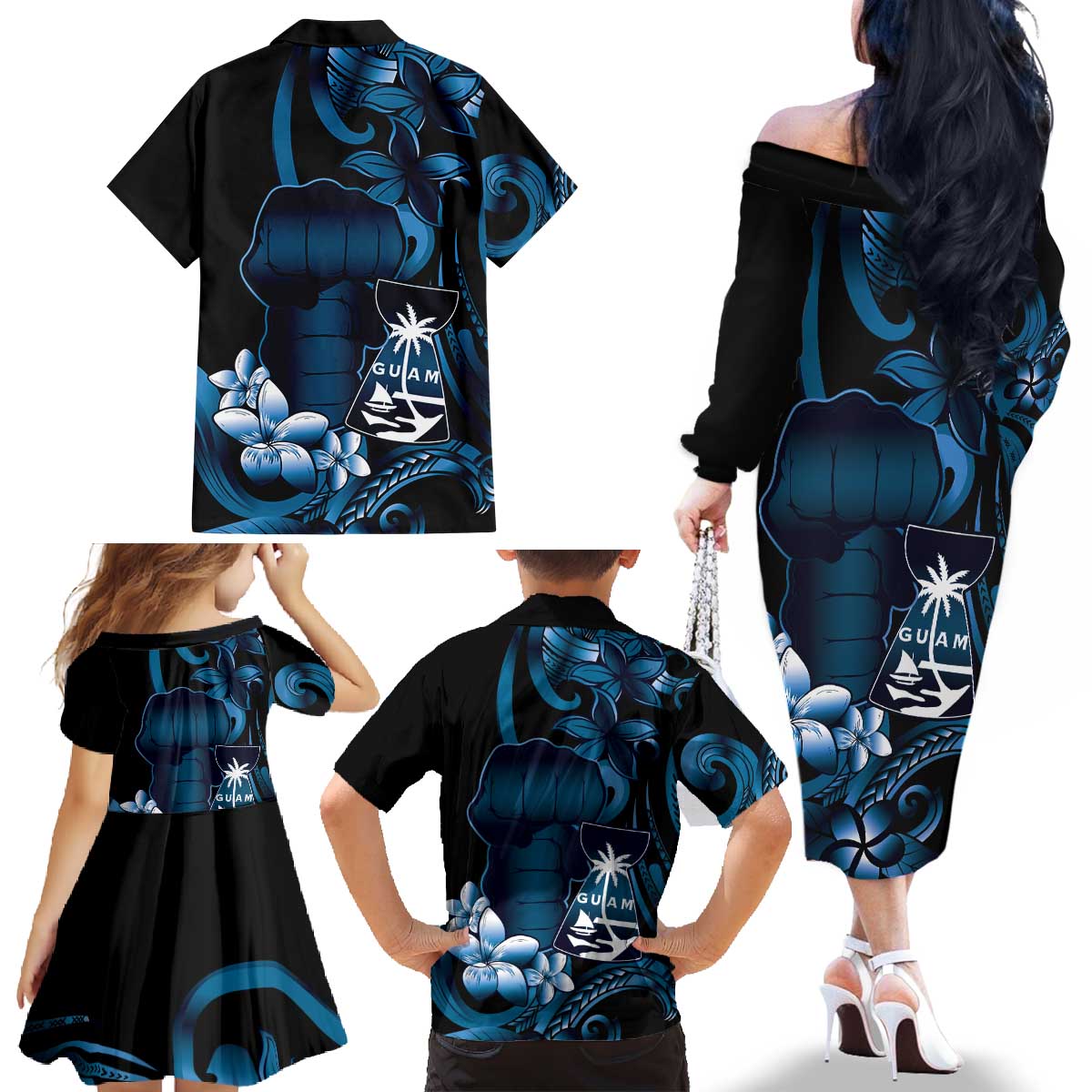 Blue Hafa Adai Guam Family Matching Off The Shoulder Long Sleeve Dress and Hawaiian Shirt Chamorro Latte Stone Hand With Plumeria LT14 - Polynesian Pride