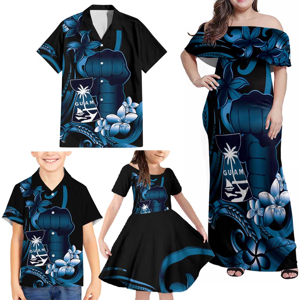 Blue Hafa Adai Guam Family Matching Off Shoulder Maxi Dress and Hawaiian Shirt Chamorro Latte Stone Hand With Plumeria LT14 - Polynesian Pride