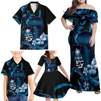 Blue Hafa Adai Guam Family Matching Off Shoulder Maxi Dress and Hawaiian Shirt Chamorro Latte Stone Hand With Plumeria LT14 - Polynesian Pride