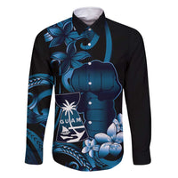 Blue Hafa Adai Guam Family Matching Off Shoulder Maxi Dress and Hawaiian Shirt Chamorro Latte Stone Hand With Plumeria LT14 Dad's Shirt - Long Sleeve Blue - Polynesian Pride