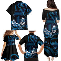 Blue Hafa Adai Guam Family Matching Puletasi and Hawaiian Shirt Chamorro Latte Stone Hand With Plumeria LT14 - Polynesian Pride