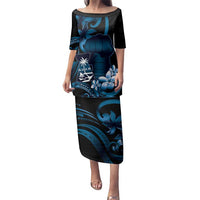 Blue Hafa Adai Guam Family Matching Puletasi and Hawaiian Shirt Chamorro Latte Stone Hand With Plumeria LT14 Mom's Dress Blue - Polynesian Pride