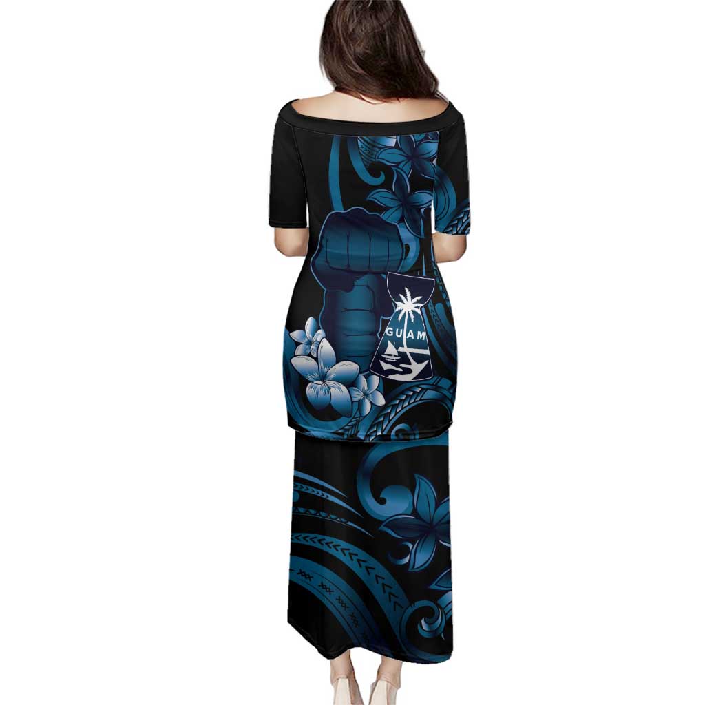 Blue Hafa Adai Guam Family Matching Puletasi and Hawaiian Shirt Chamorro Latte Stone Hand With Plumeria LT14 - Polynesian Pride