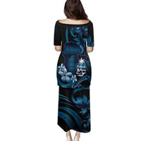 Blue Hafa Adai Guam Family Matching Puletasi and Hawaiian Shirt Chamorro Latte Stone Hand With Plumeria LT14 - Polynesian Pride