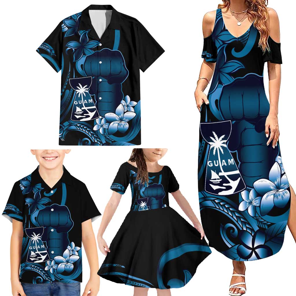Blue Hafa Adai Guam Family Matching Summer Maxi Dress and Hawaiian Shirt Chamorro Latte Stone Hand With Plumeria LT14 - Polynesian Pride