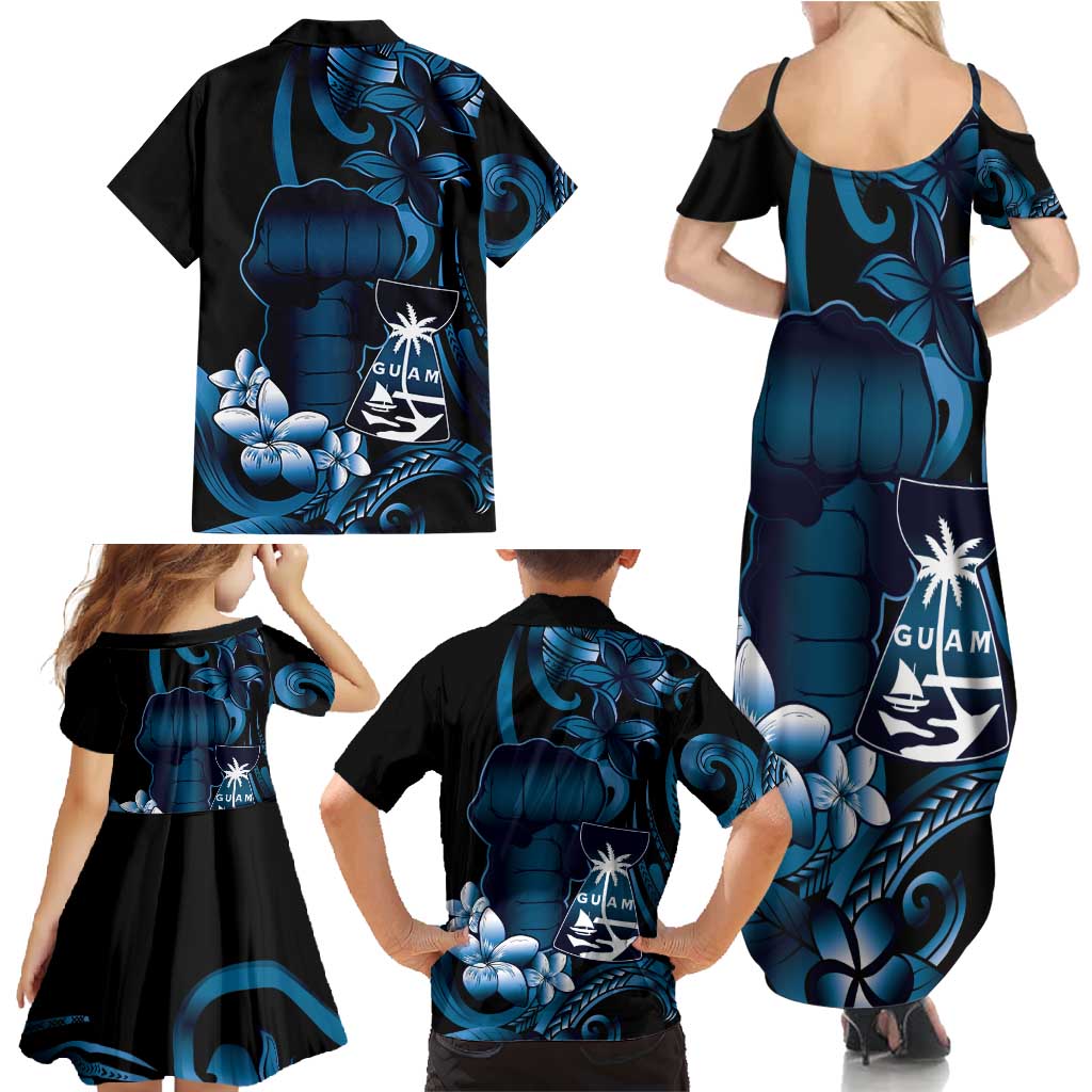 Blue Hafa Adai Guam Family Matching Summer Maxi Dress and Hawaiian Shirt Chamorro Latte Stone Hand With Plumeria LT14 - Polynesian Pride