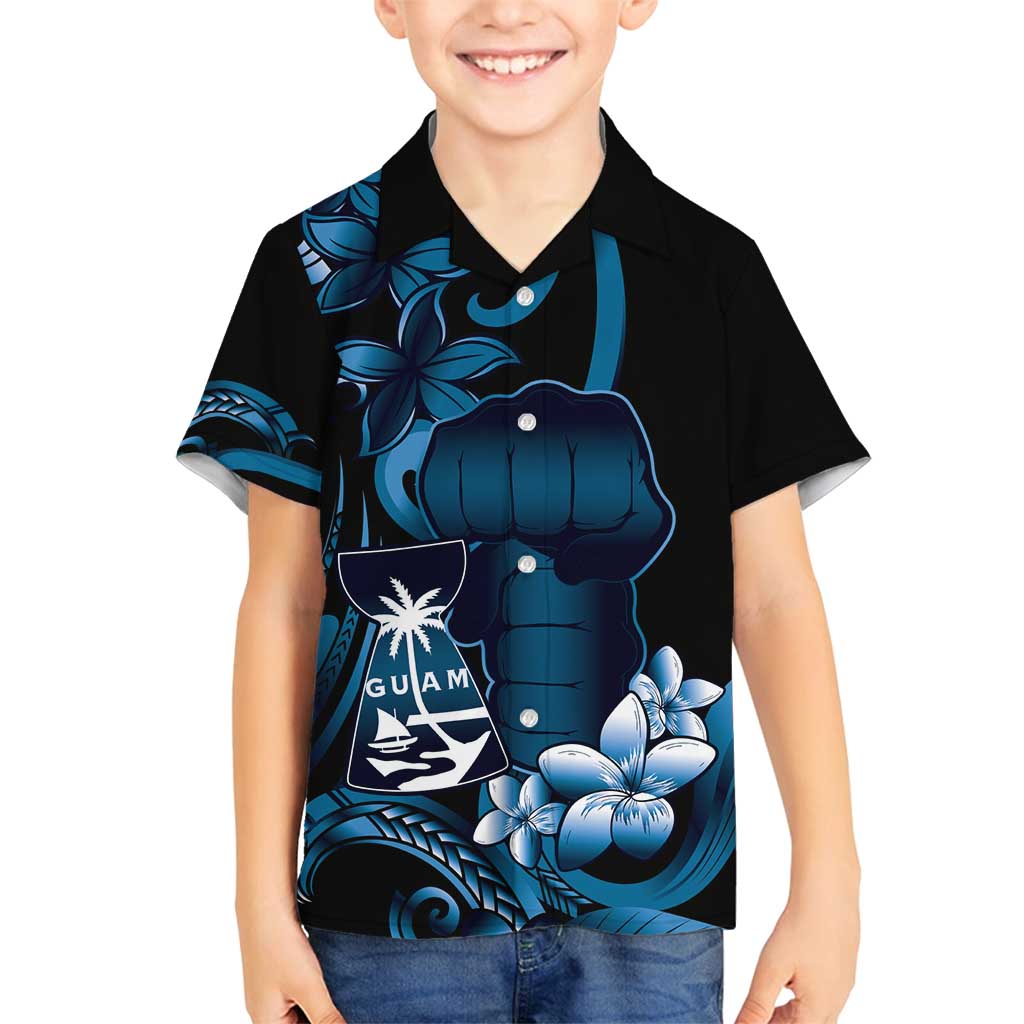 Blue Hafa Adai Guam Family Matching Summer Maxi Dress and Hawaiian Shirt Chamorro Latte Stone Hand With Plumeria LT14 Son's Shirt Blue - Polynesian Pride