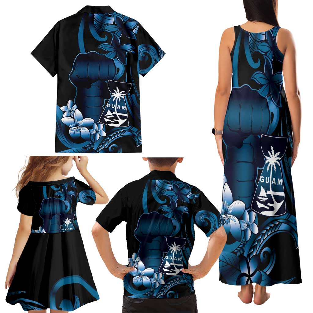 Blue Hafa Adai Guam Family Matching Tank Maxi Dress and Hawaiian Shirt Chamorro Latte Stone Hand With Plumeria LT14 - Polynesian Pride