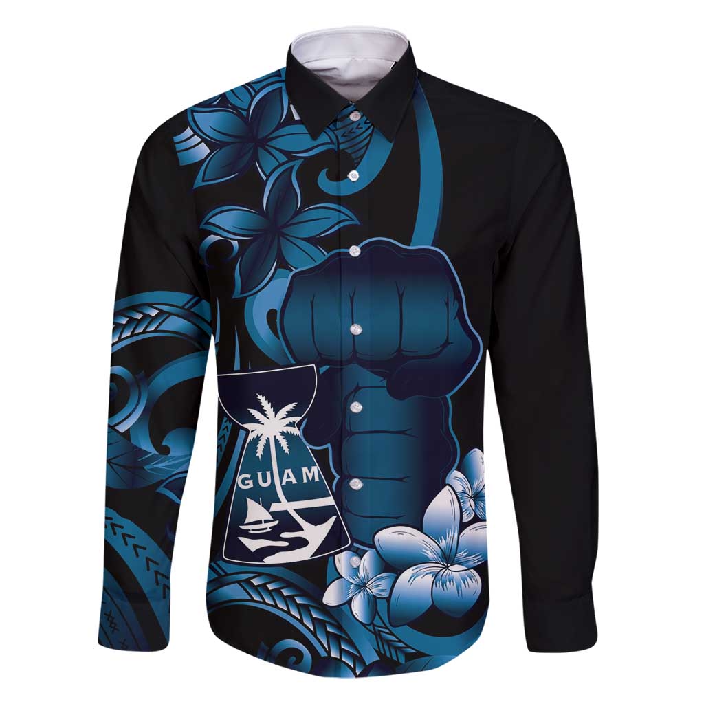 Blue Hafa Adai Guam Family Matching Tank Maxi Dress and Hawaiian Shirt Chamorro Latte Stone Hand With Plumeria LT14 Dad's Shirt - Long Sleeve Blue - Polynesian Pride