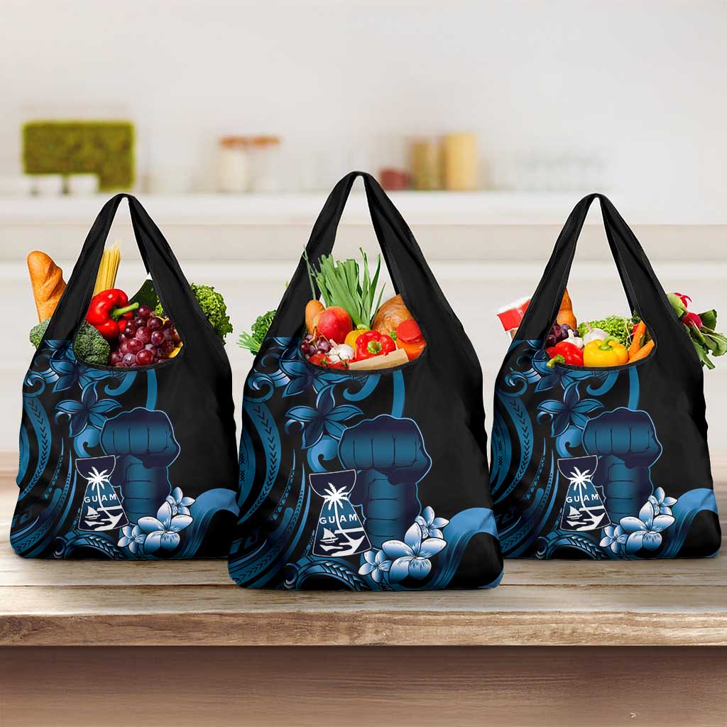Blue Hafa Adai Guam Grocery Bag Chamorro Latte Stone Hand With Plumeria