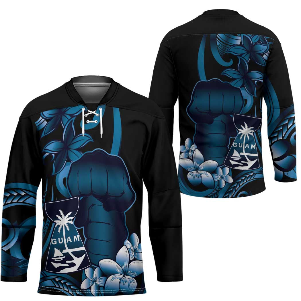 Blue Hafa Adai Guam Hockey Jersey Chamorro Latte Stone Hand With Plumeria - Polynesian Pride