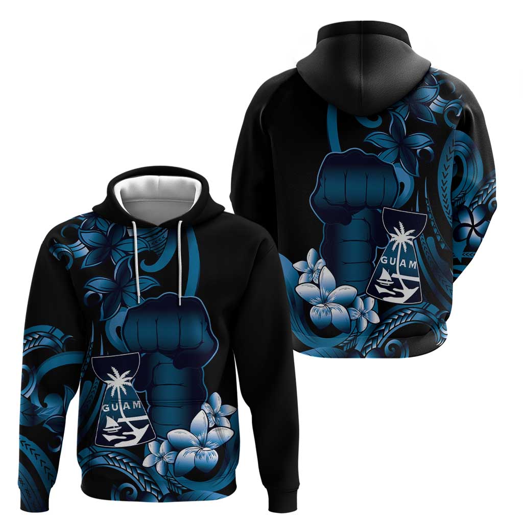 Blue Hafa Adai Guam Hoodie Chamorro Latte Stone Hand With Plumeria