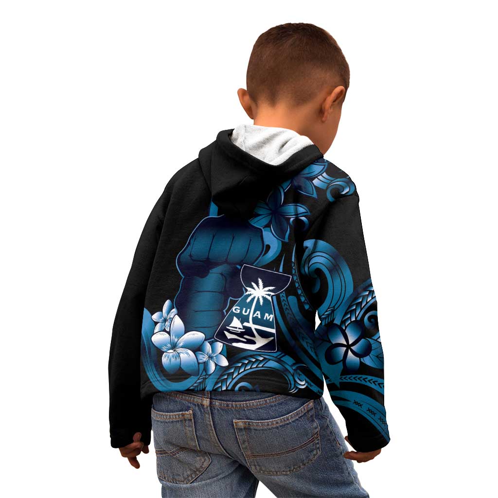 Blue Hafa Adai Guam Kid Hoodie Chamorro Latte Stone Hand With Plumeria