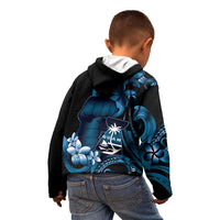Blue Hafa Adai Guam Kid Hoodie Chamorro Latte Stone Hand With Plumeria