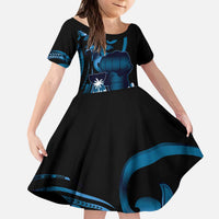 Blue Hafa Adai Guam Kid Short Sleeve Dress Chamorro Latte Stone Hand With Plumeria LT14 KID Blue - Polynesian Pride