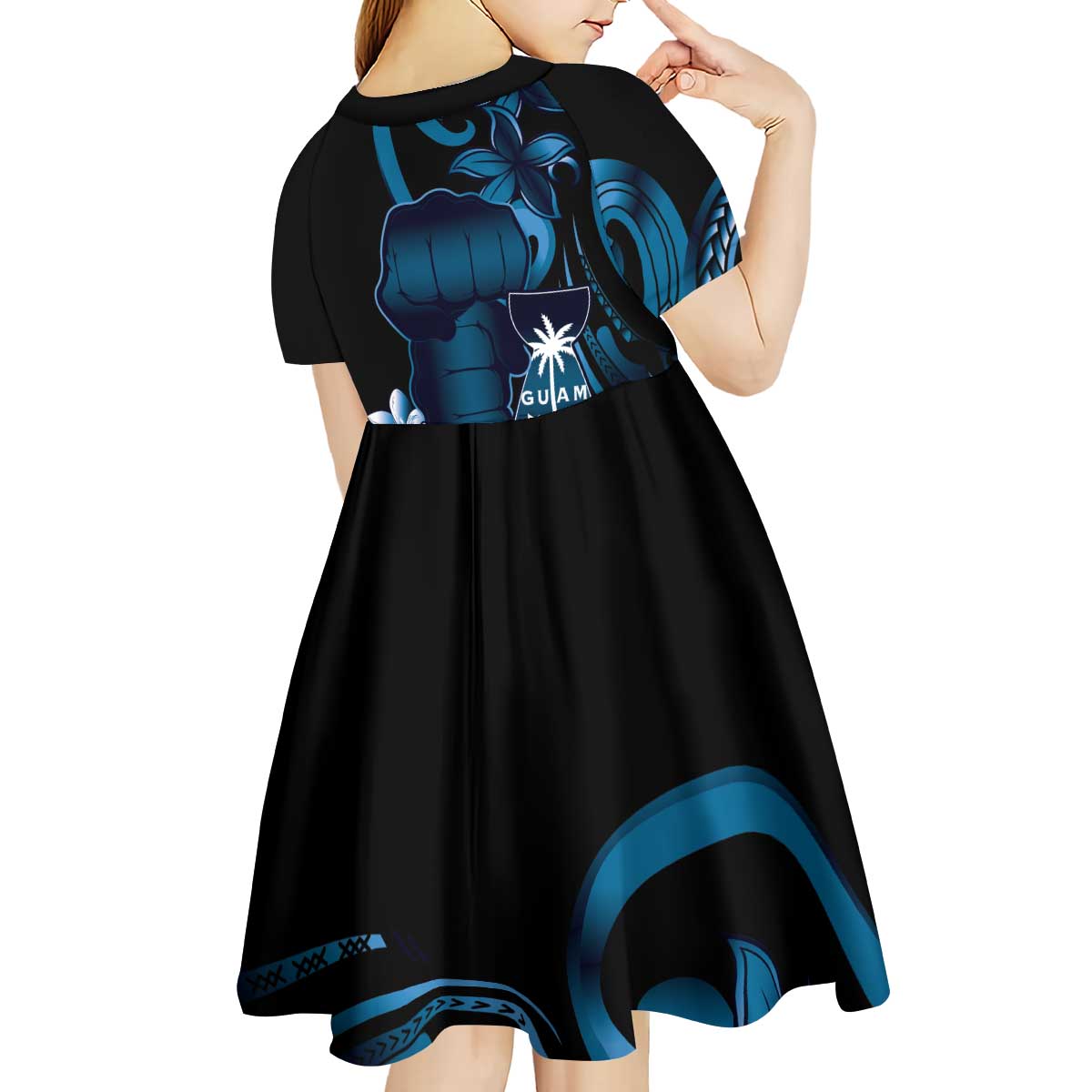 Blue Hafa Adai Guam Kid Short Sleeve Dress Chamorro Latte Stone Hand With Plumeria LT14 - Polynesian Pride