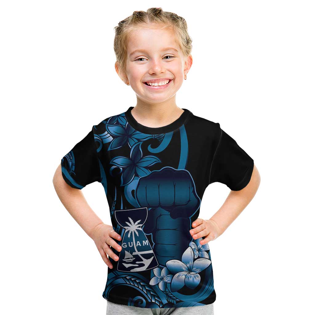 Blue Hafa Adai Guam Kid T Shirt Chamorro Latte Stone Hand With Plumeria