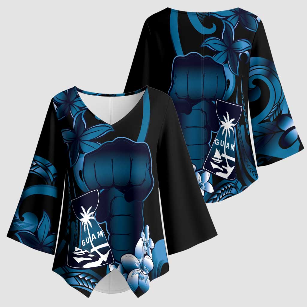 Blue Hafa Adai Guam Kimono Sleeve Blouse Chamorro Latte Stone Hand With Plumeria - Polynesian Pride