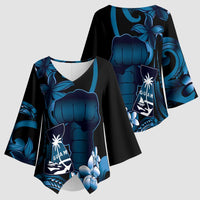 Blue Hafa Adai Guam Kimono Sleeve Blouse Chamorro Latte Stone Hand With Plumeria - Polynesian Pride