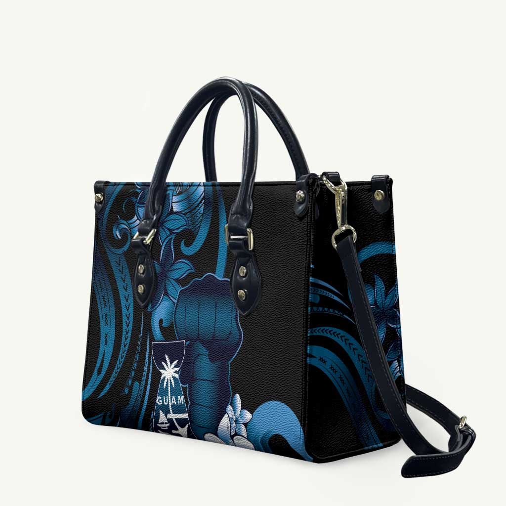 Blue Hafa Adai Guam Leather Bag Chamorro Latte Stone Hand With Plumeria - Polynesian Pride