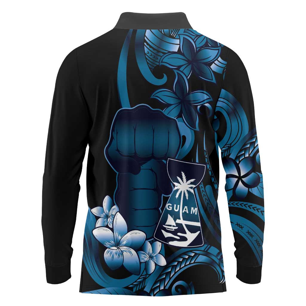 Blue Hafa Adai Guam Long Sleeve Polo Shirt Chamorro Latte Stone Hand With Plumeria