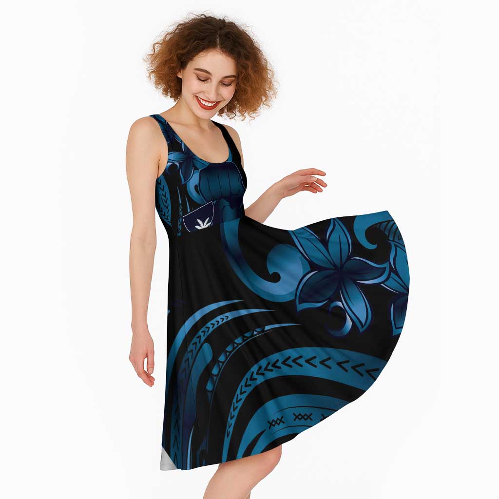 Blue Hafa Adai Guam Midi Dress Chamorro Latte Stone Hand With Plumeria - Polynesian Pride