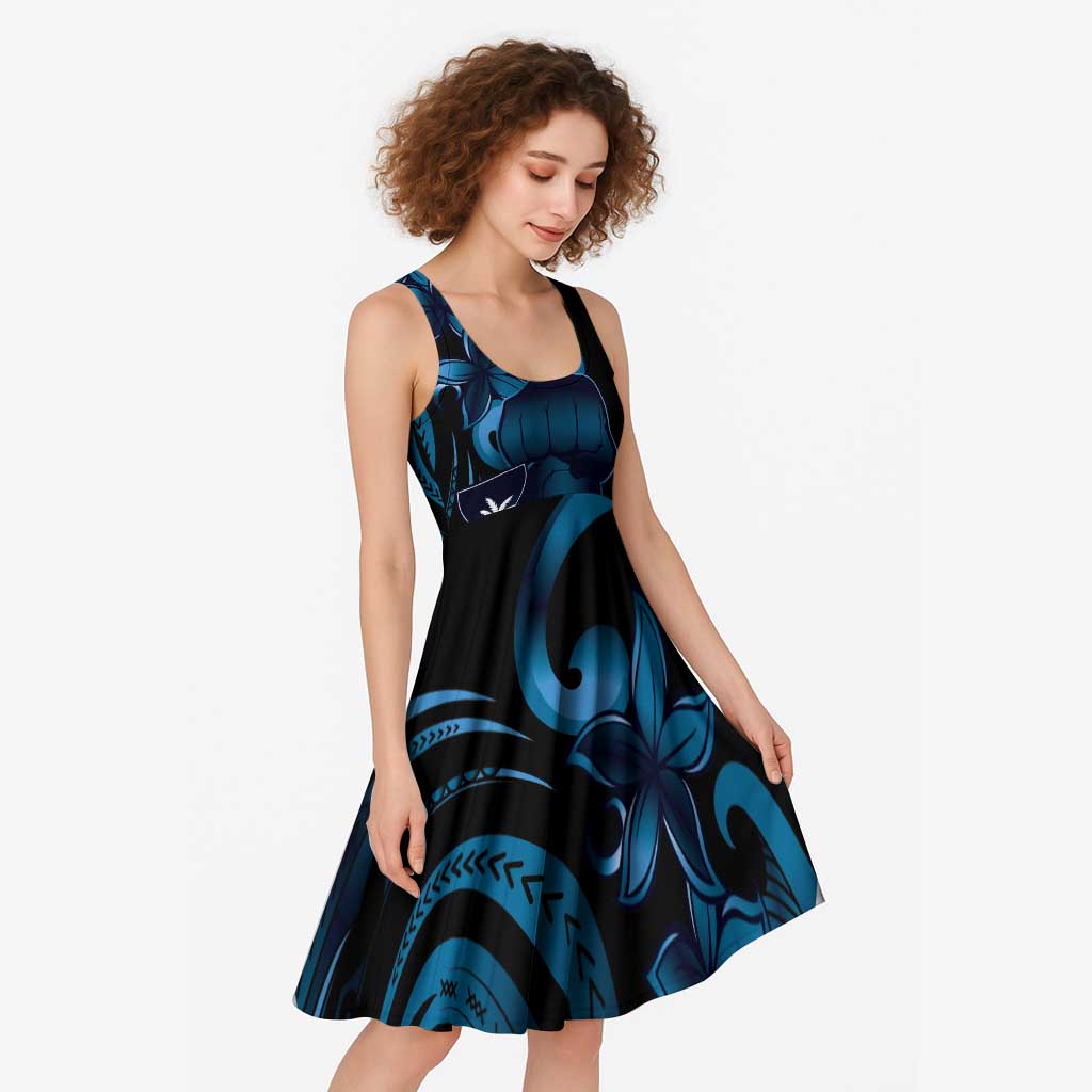 Blue Hafa Adai Guam Midi Dress Chamorro Latte Stone Hand With Plumeria - Polynesian Pride