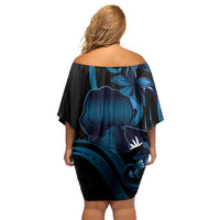 Blue Hafa Adai Guam Off Shoulder Short Dress Chamorro Latte Stone Hand With Plumeria