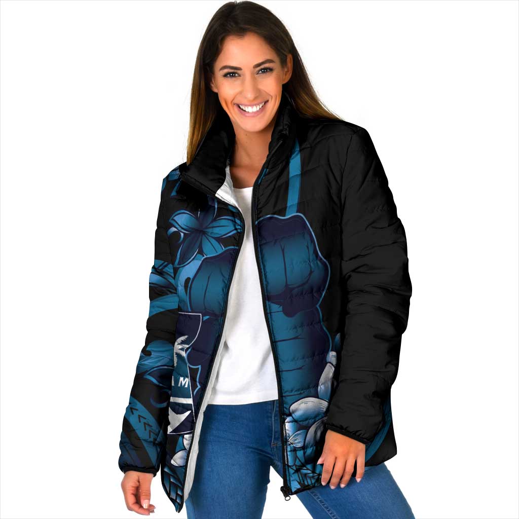 Blue Hafa Adai Guam Padded Jacket Chamorro Latte Stone Hand With Plumeria - Polynesian Pride