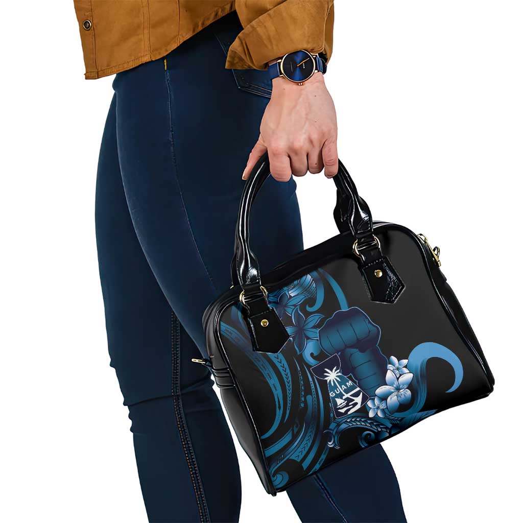 Blue Hafa Adai Guam Shoulder Handbag Chamorro Latte Stone Hand With Plumeria