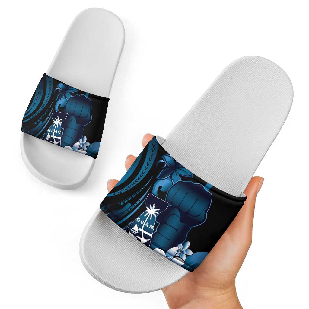 Blue Hafa Adai Guam Slide Sandals Chamorro Latte Stone Hand With Plumeria - Polynesian Pride