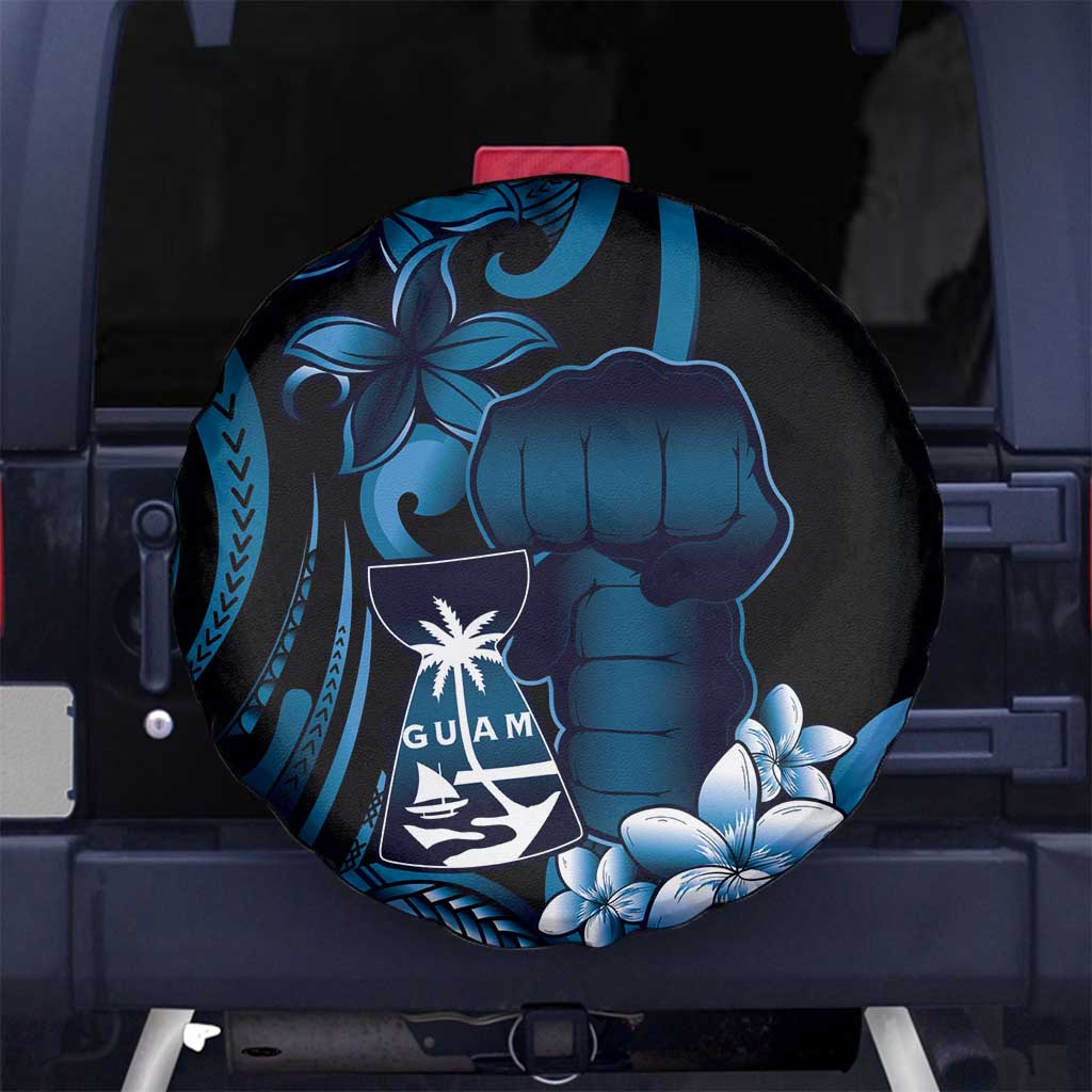 Blue Hafa Adai Guam Spare Tire Cover Chamorro Latte Stone Hand With Plumeria
