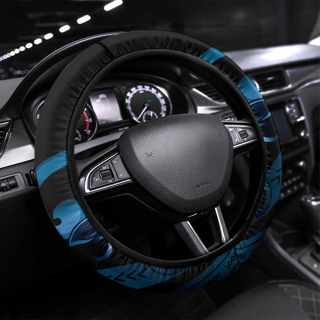 Blue Hafa Adai Guam Steering Wheel Cover Chamorro Latte Stone Hand With Plumeria