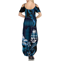 Blue Hafa Adai Guam Summer Maxi Dress Chamorro Latte Stone Hand With Plumeria LT14 - Polynesian Pride