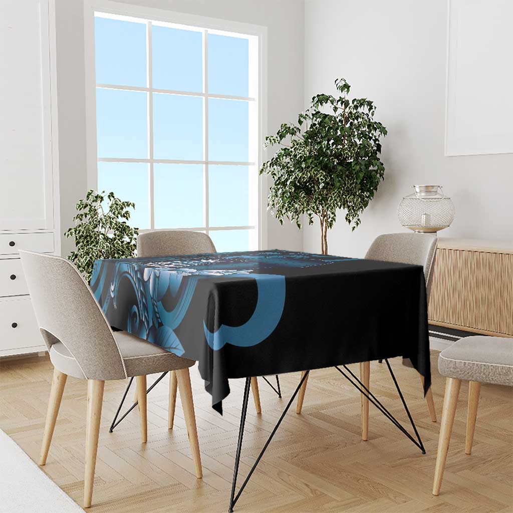 Blue Hafa Adai Guam Tablecloth Chamorro Latte Stone Hand With Plumeria