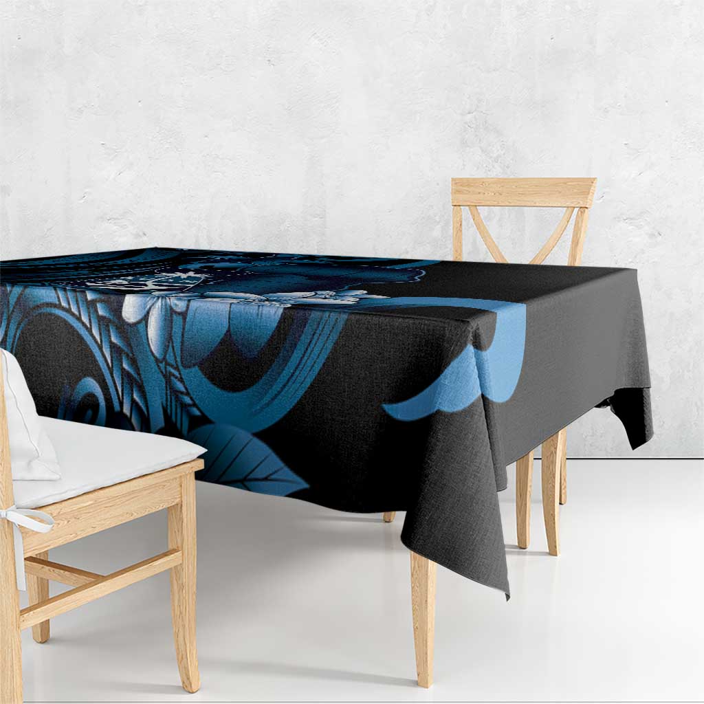 Blue Hafa Adai Guam Tablecloth Chamorro Latte Stone Hand With Plumeria