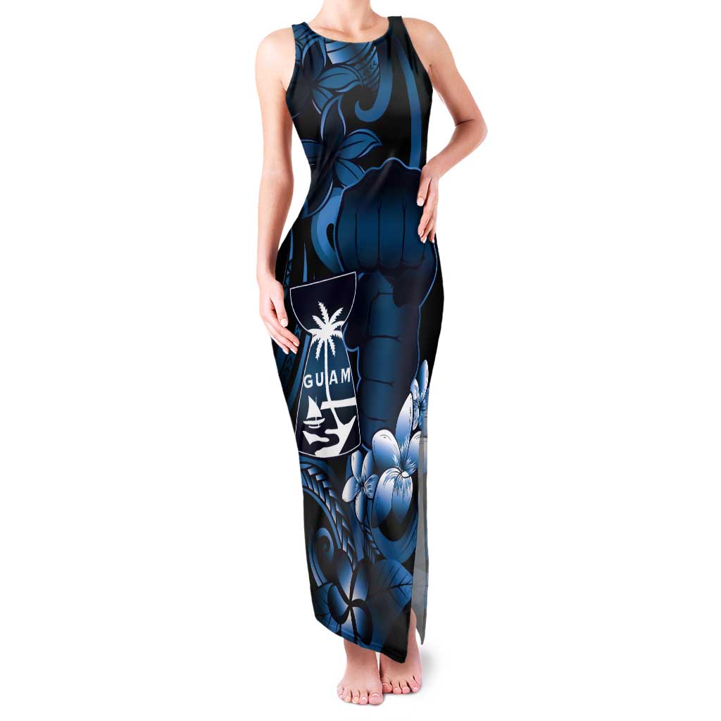 Blue Hafa Adai Guam Tank Maxi Dress Chamorro Latte Stone Hand With Plumeria