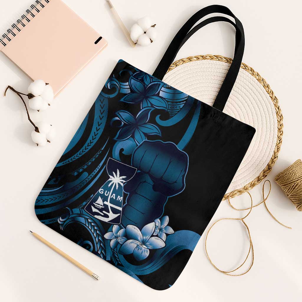 Blue Hafa Adai Guam Tote Bag Chamorro Latte Stone Hand With Plumeria - Polynesian Pride