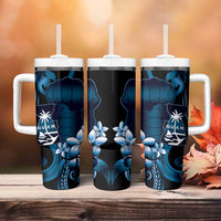 Blue Hafa Adai Guam Tumbler With Handle Chamorro Latte Stone Hand With Plumeria