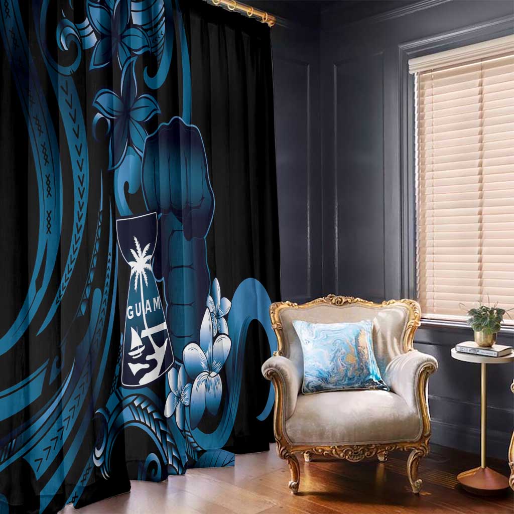 Blue Hafa Adai Guam Window Curtain Chamorro Latte Stone Hand With Plumeria