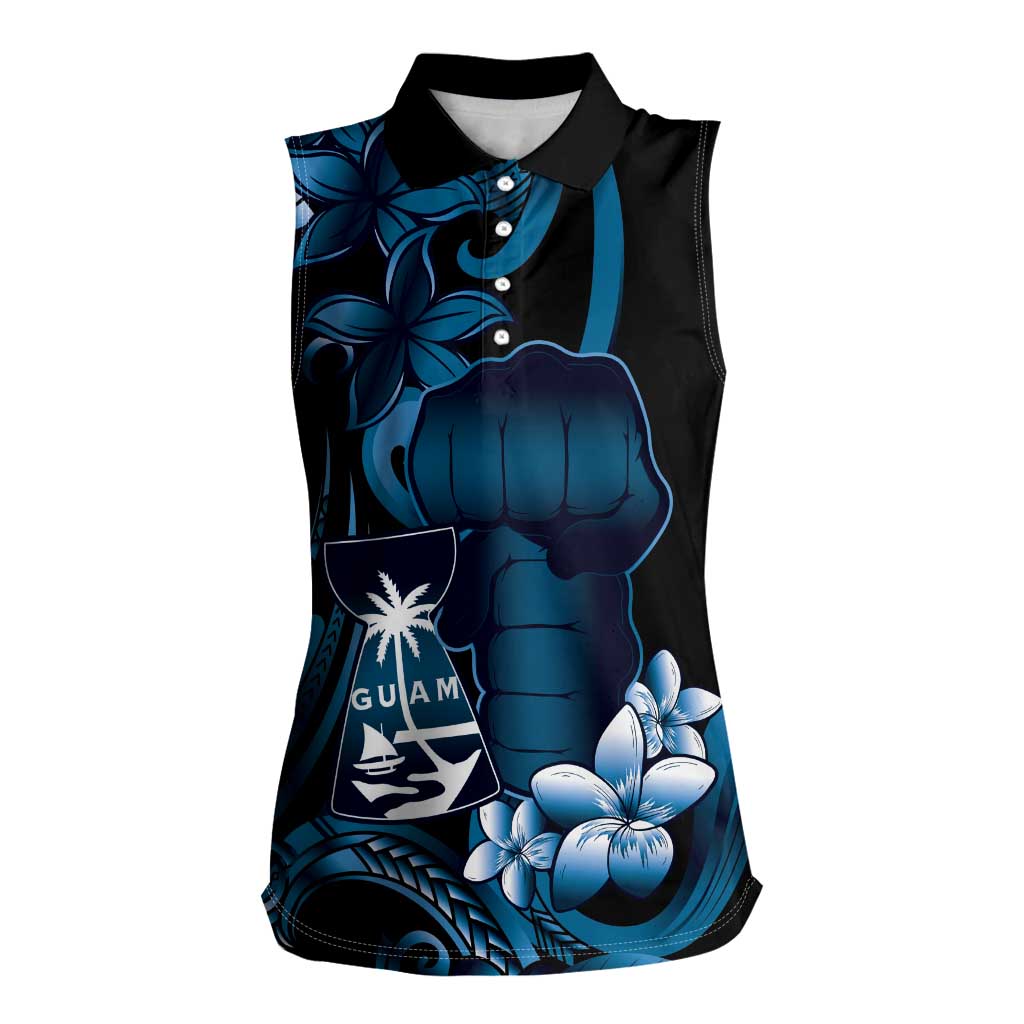 Blue Hafa Adai Guam Women Sleeveless Polo Shirt Chamorro Latte Stone Hand With Plumeria LT14 Female Blue - Polynesian Pride