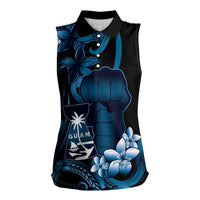 Blue Hafa Adai Guam Women Sleeveless Polo Shirt Chamorro Latte Stone Hand With Plumeria LT14 Female Blue - Polynesian Pride