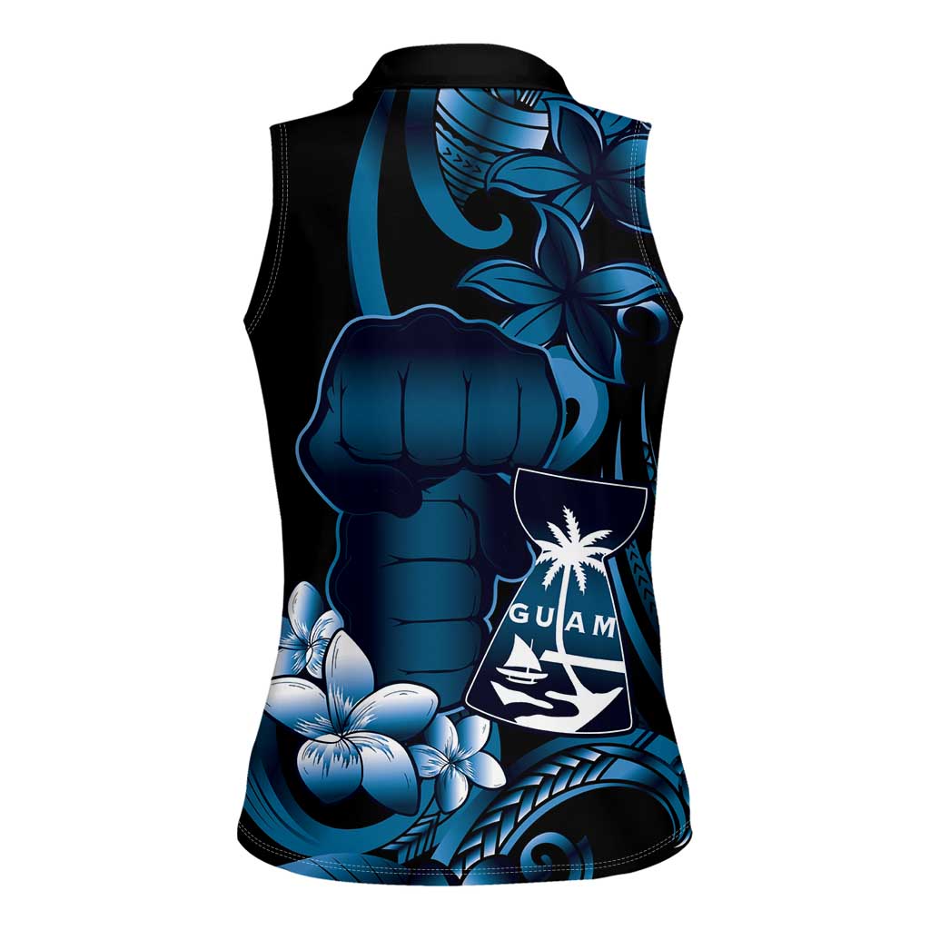 Blue Hafa Adai Guam Women Sleeveless Polo Shirt Chamorro Latte Stone Hand With Plumeria LT14 - Polynesian Pride