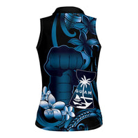 Blue Hafa Adai Guam Women Sleeveless Polo Shirt Chamorro Latte Stone Hand With Plumeria LT14 - Polynesian Pride
