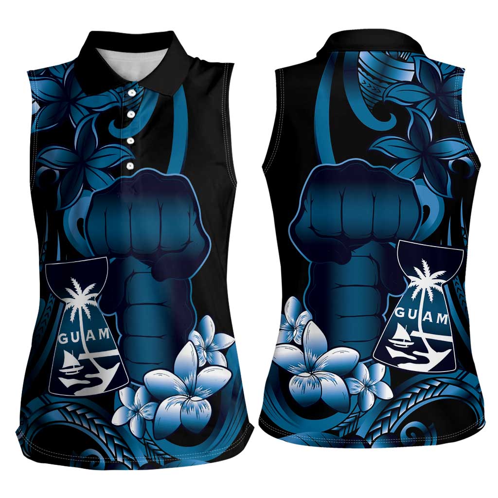 Blue Hafa Adai Guam Women Sleeveless Polo Shirt Chamorro Latte Stone Hand With Plumeria LT14 - Polynesian Pride
