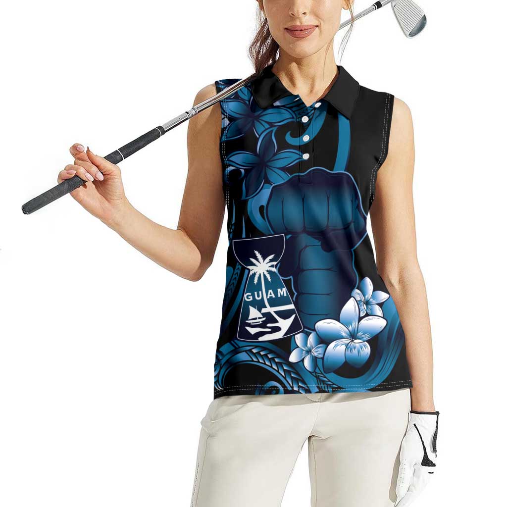Blue Hafa Adai Guam Women Sleeveless Polo Shirt Chamorro Latte Stone Hand With Plumeria LT14 - Polynesian Pride