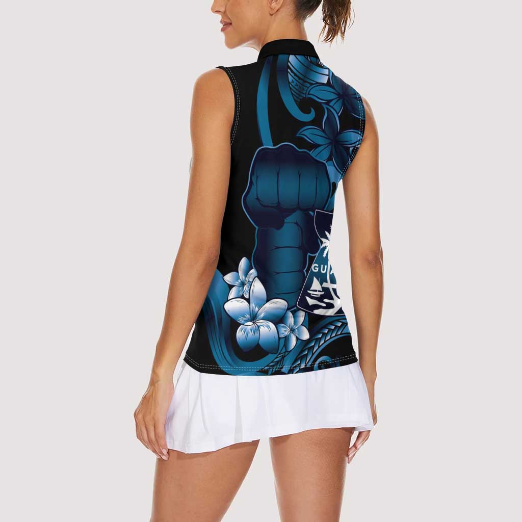 Blue Hafa Adai Guam Women Sleeveless Polo Shirt Chamorro Latte Stone Hand With Plumeria LT14 - Polynesian Pride