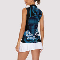 Blue Hafa Adai Guam Women Sleeveless Polo Shirt Chamorro Latte Stone Hand With Plumeria LT14 - Polynesian Pride