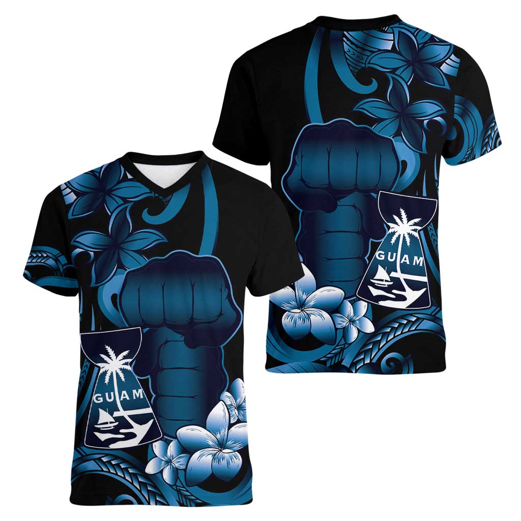 Blue Hafa Adai Guam Women V-Neck T-Shirt Chamorro Latte Stone Hand With Plumeria